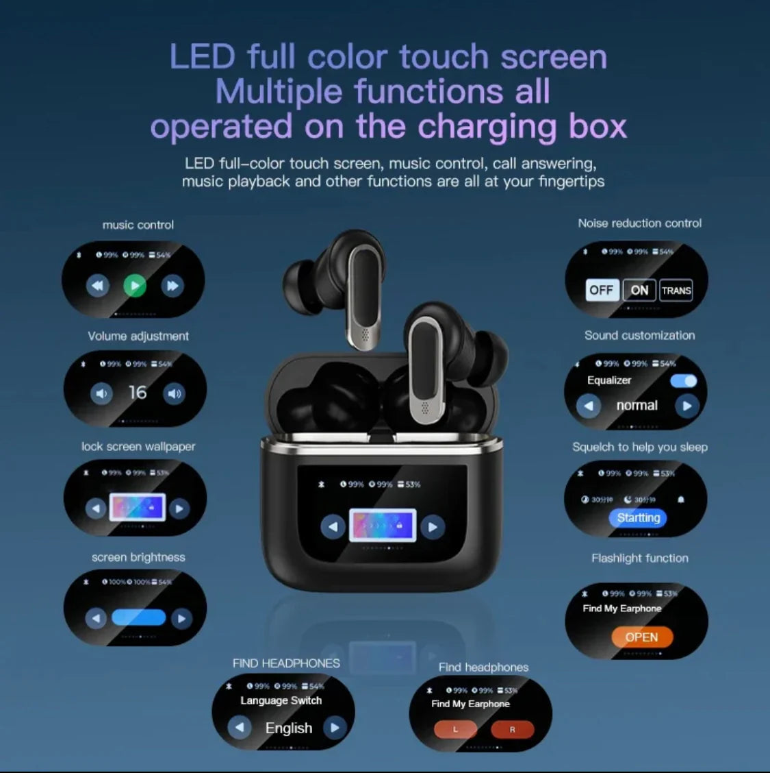 LCD Touch Screen EarBuds, Bluetooth Touch Control Noise Reduction EarBuds, Digital Wireless Bluetooth Earphones
